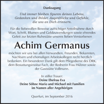Traueranzeige von Achim Germanus von WVG - Wochenspiegel Merseburg