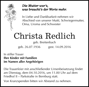 Traueranzeige von Christa Redlich von Mitteldeutsche Zeitung Bernburg