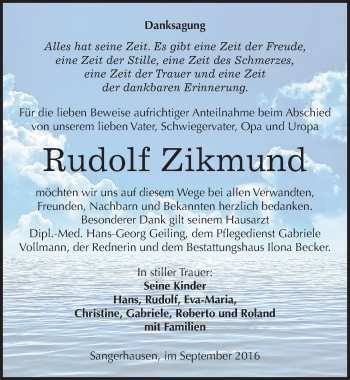 Traueranzeige von Rudolf Zikmund von Mitteldeutsche Zeitung Sangerhausen