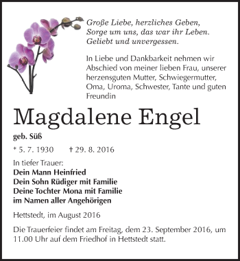 Traueranzeige von Magdalene Engel von Mitteldeutsche Zeitung Mansfelder Land