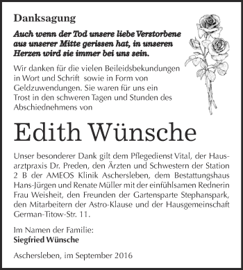 Traueranzeige von Edith Wünsche von Super Sonntag Aschersleben