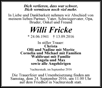 Traueranzeige von Willi Fricke von Mitteldeutsche Zeitung Aschersleben
