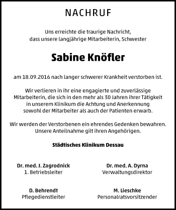 Traueranzeige von Sabine Knöfler von Mitteldeutsche Zeitung Dessau-Roßlau