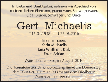 Traueranzeige von Gert Michaelis von Mitteldeutsche Zeitung Mansfelder Land