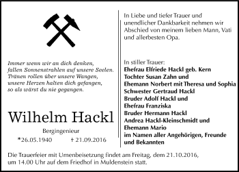 Traueranzeige von Wilhelm Hackl von Mitteldeutsche Zeitung
