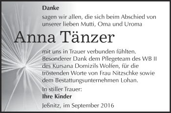 Traueranzeige von Anna Tänzer von WVG - Wochenspiegel Bitterfeld