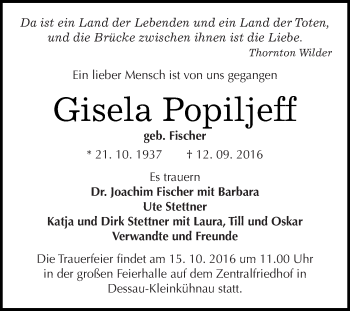 Traueranzeige von Gisela Popiljeff von WVG - Wochenspiegel Dessau / Köthen