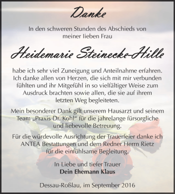 Traueranzeige von Heidemarie Steinecke-Hille von WVG - Wochenspiegel Dessau / Köthen