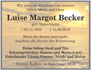 Traueranzeige von Luise Margot Becker von WVG - Wochenspiegel Dessau / Köthen