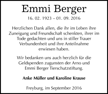 Traueranzeige von Emmi Berger von Mitteldeutsche Zeitung Naumburg/Nebra
