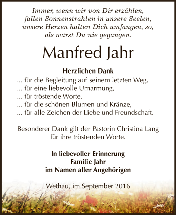 Traueranzeige von Manfred Jahr von WVG - Wochenspiegel NMB / WSF / ZTZ