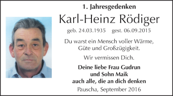 Traueranzeige von Karl-Heinz Rödiger von WVG - Wochenspiegel NMB / WSF / ZTZ