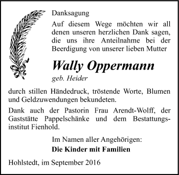 Traueranzeige von Wally Oppermann von Mitteldeutsche Zeitung Sangerhausen