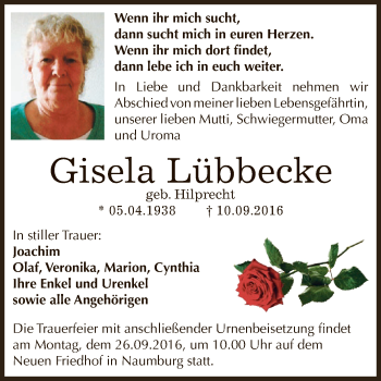 Traueranzeige von Gisela Lübbecke von WVG - Wochenspiegel NMB / WSF / ZTZ
