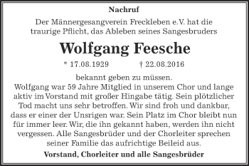 Traueranzeige von Wolfgang Feesche von Super Sonntag Aschersleben