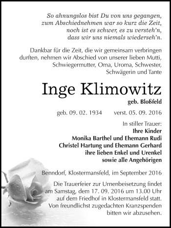Traueranzeige von Inge Klimowitz von Wochenspiegel Mansfelder Land