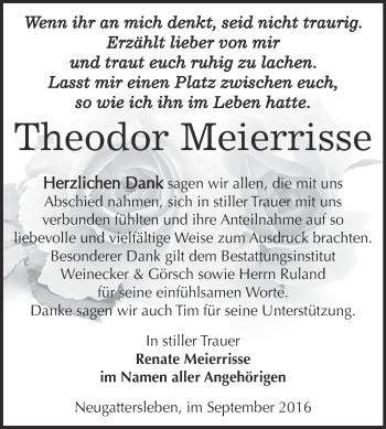 Traueranzeige von Theodor Meierrisse von Super Sonntag Bernburg