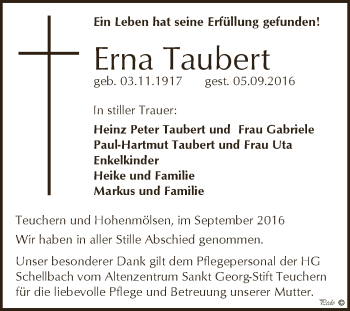 Traueranzeige von Erna Taubert von WVG - Wochenspiegel NMB / WSF / ZTZ