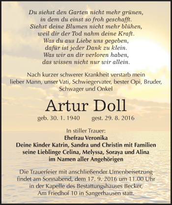 Traueranzeige von Artur Doll von Mitteldeutsche Zeitung Sangerhausen