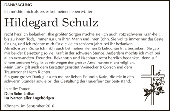 Traueranzeige von Hildegard Schulz von Super Sonntag Bernburg