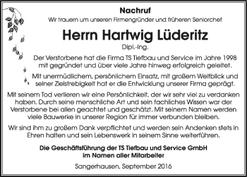 Traueranzeige von Hartwig Lüderitz von Mitteldeutsche Zeitung Sangerhausen