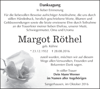 Traueranzeige von Margot Röthel von Super Sonntag SGH Mansf. Land