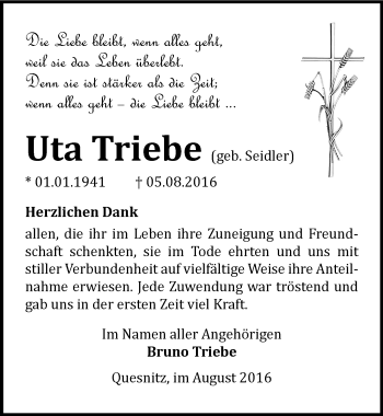 Traueranzeige von Uta Triebe von Mitteldeutsche Zeitung Zeitz