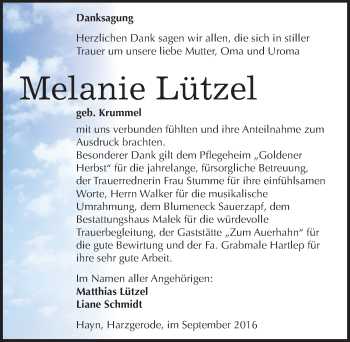 Traueranzeige von Melanie Lützel von Mitteldeutsche Zeitung Quedlinburg