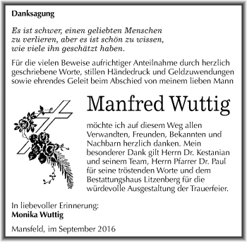 Traueranzeige von Manfred Wuttig von Mitteldeutsche Zeitung Mansfelder Land