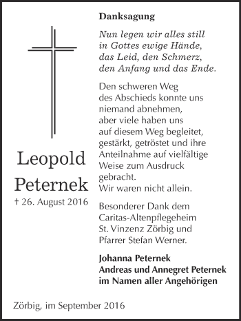 Traueranzeige von Leopold Peternek von WVG - Wochenspiegel Bitterfeld