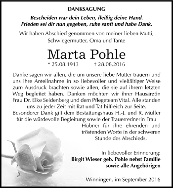 Traueranzeige von Marta Pohle von Mitteldeutsche Zeitung Aschersleben