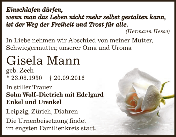 Traueranzeige von Gisela Mann von Super Sonntag Zeitz