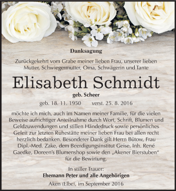 Traueranzeige von Elisabeth Schmidt von Mitteldeutsche Zeitung Köthen