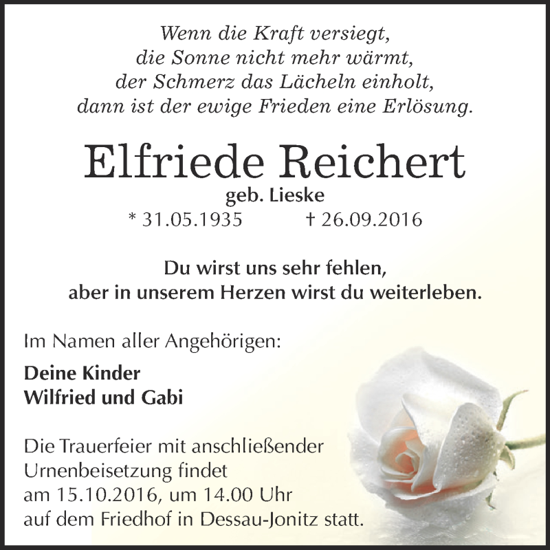  Traueranzeige für Elfriede Reichert vom 01.10.2016 aus WVG - Wochenspiegel Dessau / Köthen