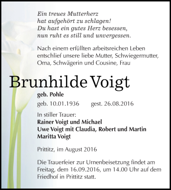 Traueranzeige von Brunhilde Voigt von WVG - Wochenspiegel NMB / WSF / ZTZ