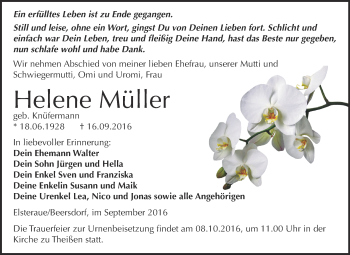 Traueranzeige von Helene Müller von WVG - Wochenspiegel NMB / WSF / ZTZ