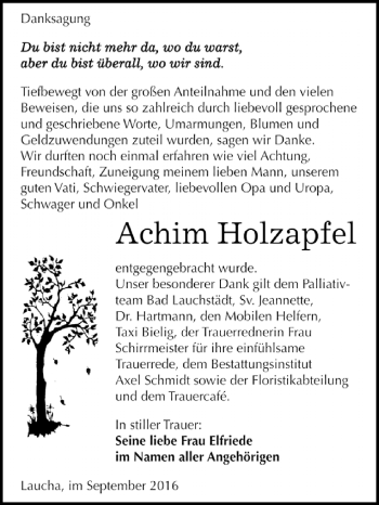 Traueranzeige von Achim Holzapfel von WVG - Wochenspiegel NMB / WSF / ZTZ