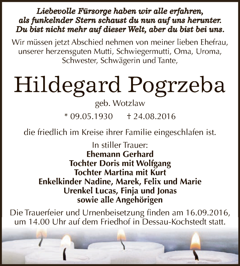  Traueranzeige für Hildegard Pogrzeba vom 03.09.2016 aus WVG - Wochenspiegel Dessau / Köthen