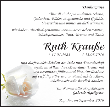 Traueranzeige von Ruth Krauße von Mitteldeutsche Zeitung Bitterfeld