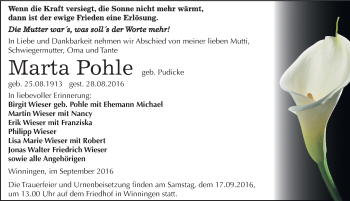 Traueranzeige von Marta Pohle von Mitteldeutsche Zeitung Aschersleben