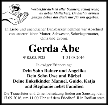 Traueranzeige von Gerda Abe von Mitteldeutsche Zeitung Dessau-Roßlau