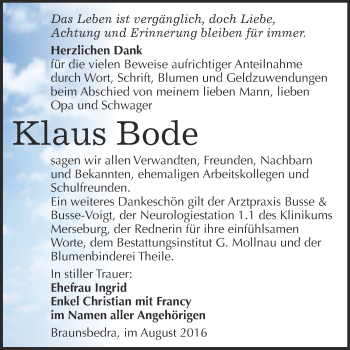 Traueranzeige von Klaus Bode von WVG - Wochenspiegel Merseburg