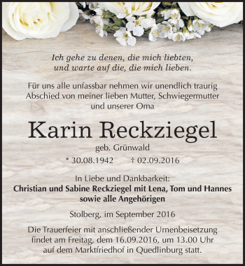 Traueranzeige von Karin Reckziegel von Mitteldeutsche Zeitung Quedlinburg