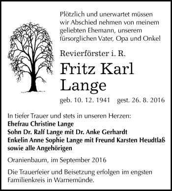 Traueranzeige von Fritz Karl Lange von WVG - Wochenspiegel Wittenberg