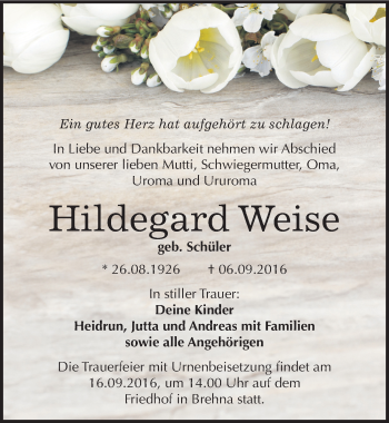 Traueranzeige von Hildegard Weise von Mitteldeutsche Zeitung Bitterfeld