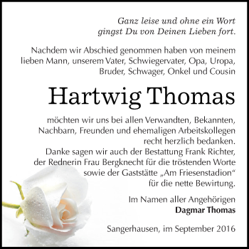 Traueranzeige von Hartwig Thomas von Super Sonntag SGH Mansf. Land