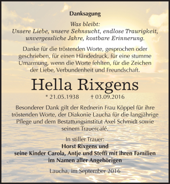Traueranzeige von Hella Rixgens von Mitteldeutsche Zeitung Naumburg/Nebra