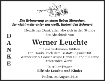 Traueranzeige von Werner Leuchte von Super Sonntag Bernburg