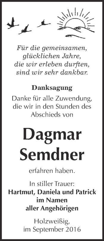 Traueranzeige von Dagmar Semdner von WVG - Wochenspiegel Bitterfeld
