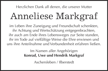 Traueranzeige von Anneliese Markgraf von Super Sonntag Bernburg